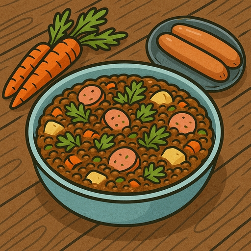 Foto von Linsen Eintopf mit Würstchen